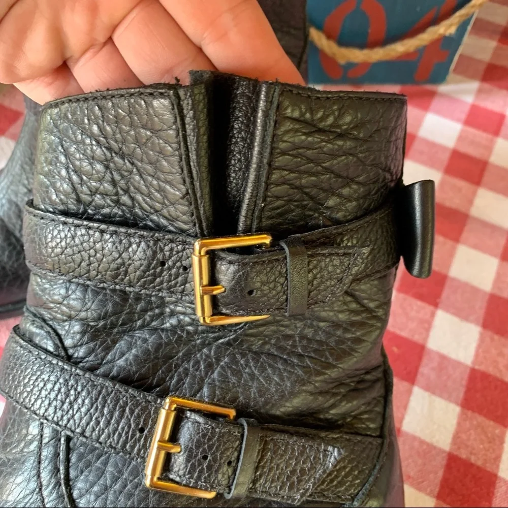 KATE SPADE Luxury Black Pebbled Leather Sabina Double Buckle Moto Boots, 7M